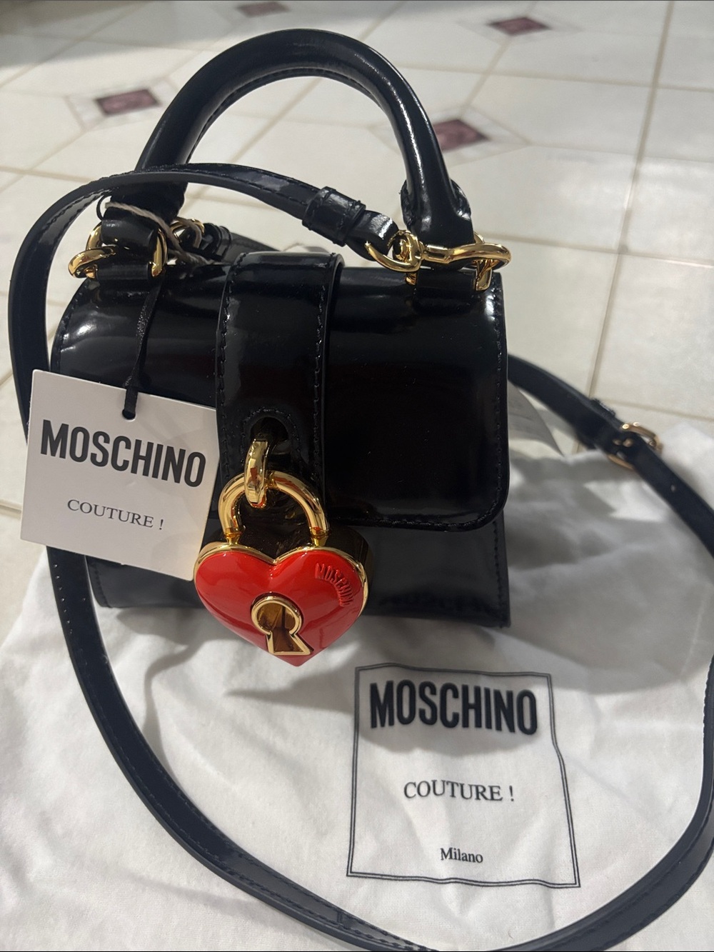 Moschino Black Patent Mini Top-Handle Bag with Red Heart Lock Charm